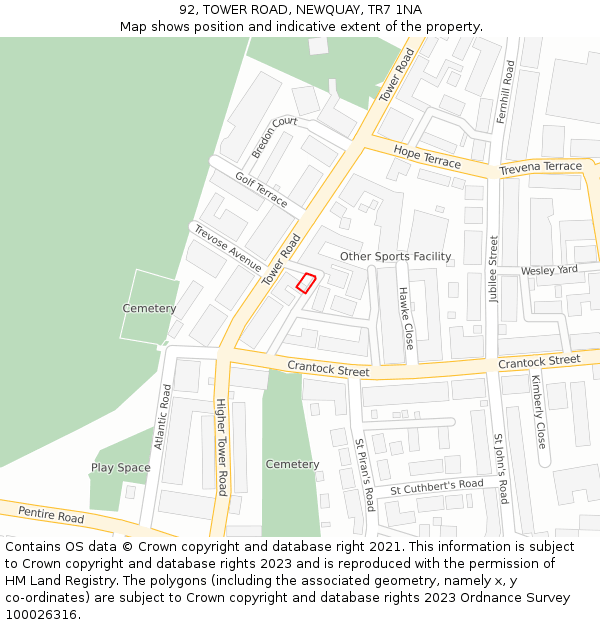 92, TOWER ROAD, NEWQUAY, TR7 1NA: Location map and indicative extent of plot