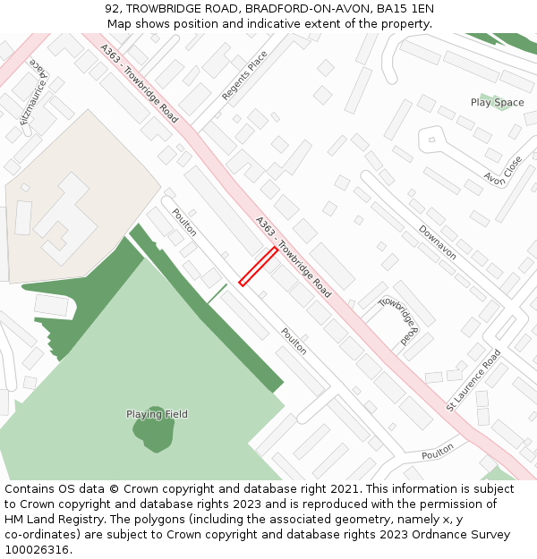 92, TROWBRIDGE ROAD, BRADFORD-ON-AVON, BA15 1EN: Location map and indicative extent of plot