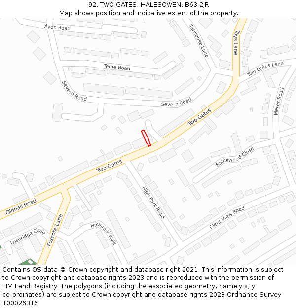 92, TWO GATES, HALESOWEN, B63 2JR: Location map and indicative extent of plot