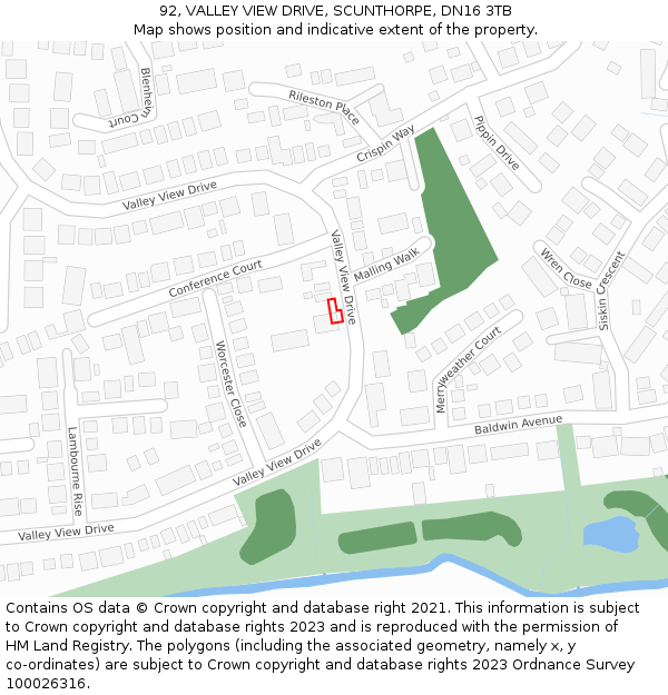 92, VALLEY VIEW DRIVE, SCUNTHORPE, DN16 3TB: Location map and indicative extent of plot