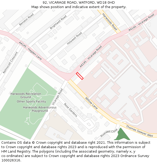 92, VICARAGE ROAD, WATFORD, WD18 0HD: Location map and indicative extent of plot