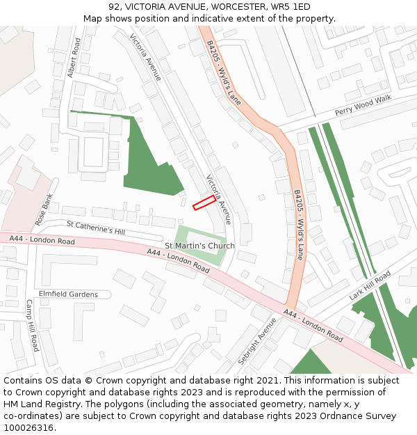 92, VICTORIA AVENUE, WORCESTER, WR5 1ED: Location map and indicative extent of plot