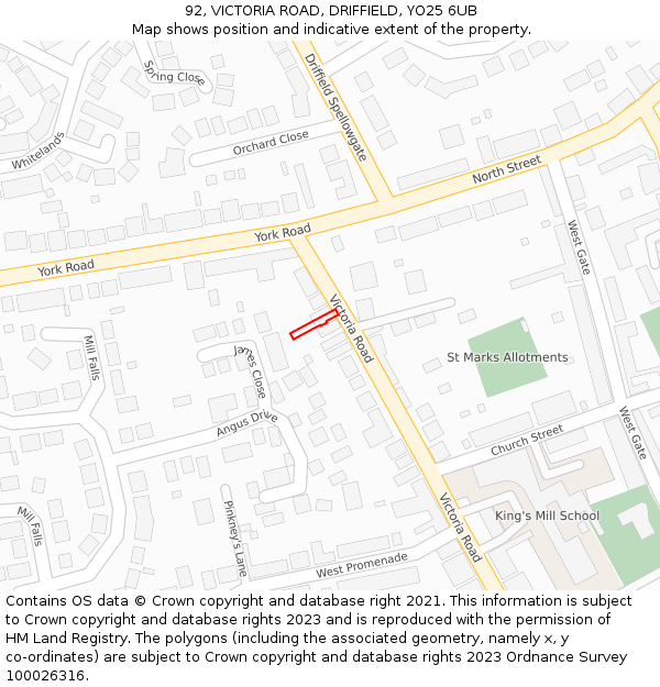 92, VICTORIA ROAD, DRIFFIELD, YO25 6UB: Location map and indicative extent of plot