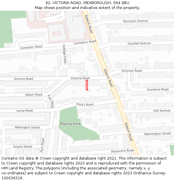92, VICTORIA ROAD, MEXBOROUGH, S64 9BU: Location map and indicative extent of plot