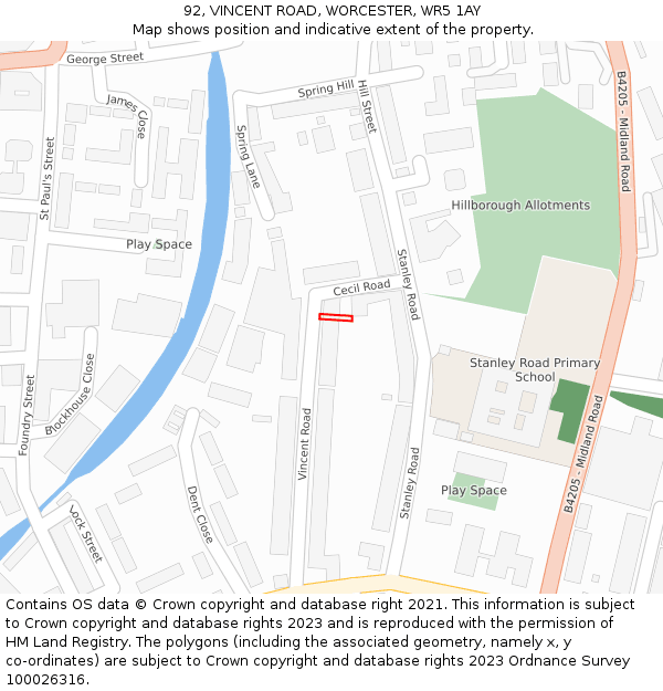 92, VINCENT ROAD, WORCESTER, WR5 1AY: Location map and indicative extent of plot