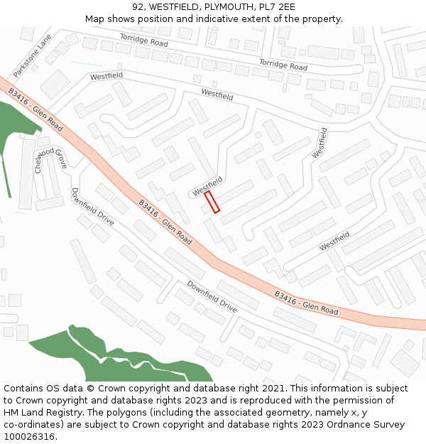 92, WESTFIELD, PLYMOUTH, PL7 2EE: Location map and indicative extent of plot