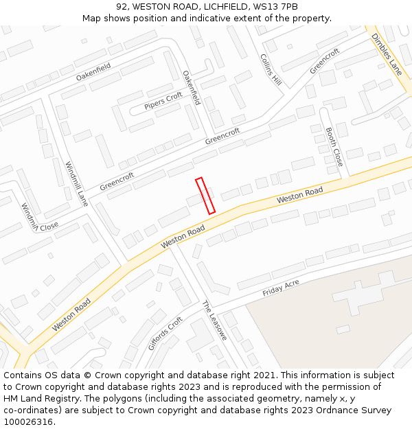 92, WESTON ROAD, LICHFIELD, WS13 7PB: Location map and indicative extent of plot