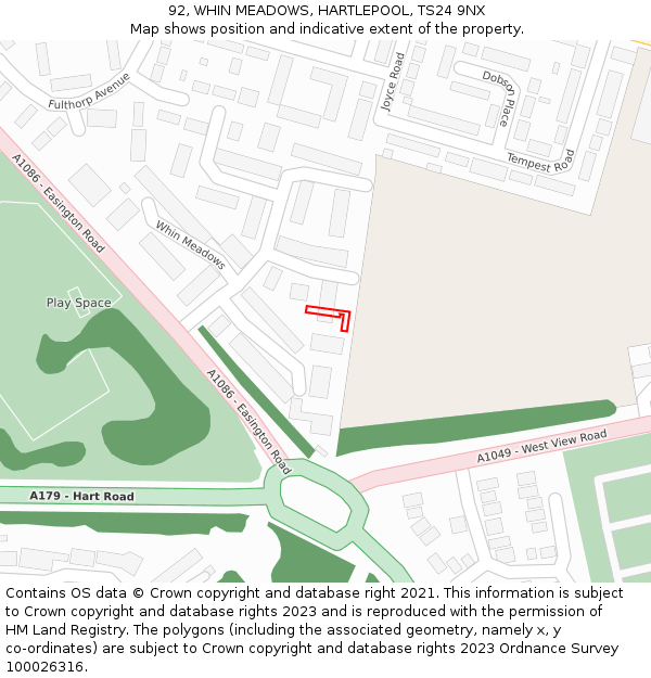 92, WHIN MEADOWS, HARTLEPOOL, TS24 9NX: Location map and indicative extent of plot
