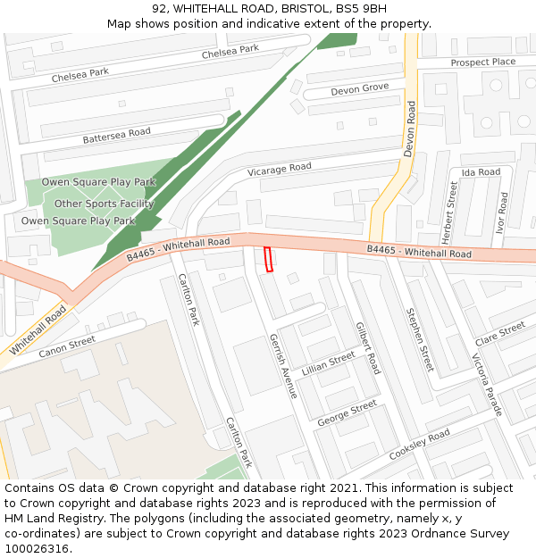 92, WHITEHALL ROAD, BRISTOL, BS5 9BH: Location map and indicative extent of plot