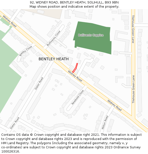 92, WIDNEY ROAD, BENTLEY HEATH, SOLIHULL, B93 9BN: Location map and indicative extent of plot