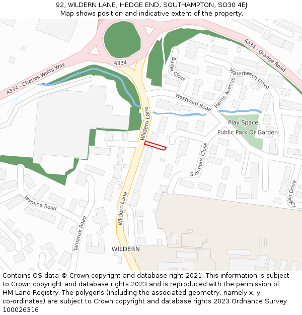 92, WILDERN LANE, HEDGE END, SOUTHAMPTON, SO30 4EJ: Location map and indicative extent of plot