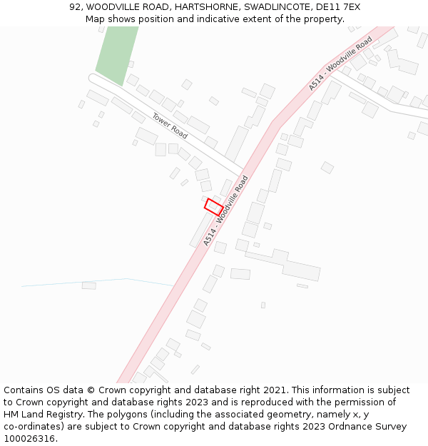 92, WOODVILLE ROAD, HARTSHORNE, SWADLINCOTE, DE11 7EX: Location map and indicative extent of plot