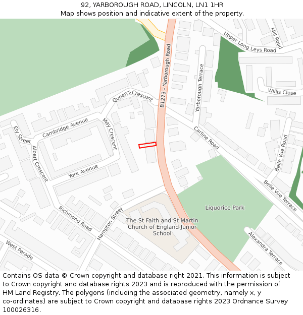 92, YARBOROUGH ROAD, LINCOLN, LN1 1HR: Location map and indicative extent of plot