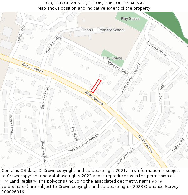 923, FILTON AVENUE, FILTON, BRISTOL, BS34 7AU: Location map and indicative extent of plot