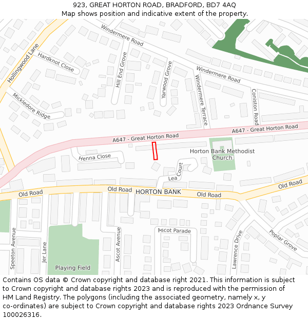 923, GREAT HORTON ROAD, BRADFORD, BD7 4AQ: Location map and indicative extent of plot