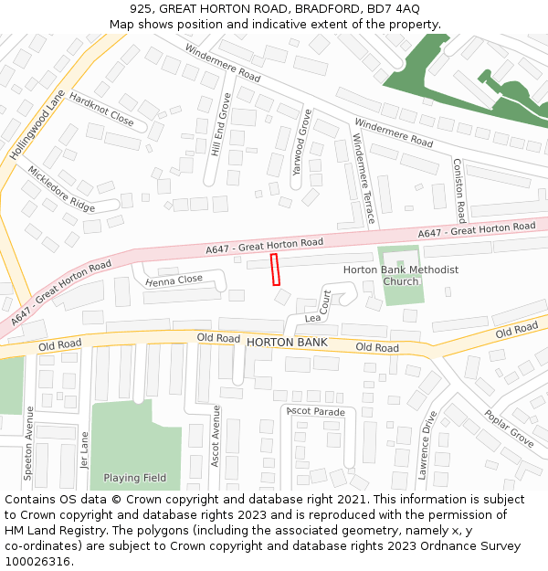925, GREAT HORTON ROAD, BRADFORD, BD7 4AQ: Location map and indicative extent of plot