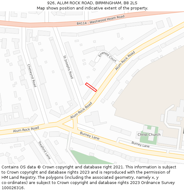 926, ALUM ROCK ROAD, BIRMINGHAM, B8 2LS: Location map and indicative extent of plot
