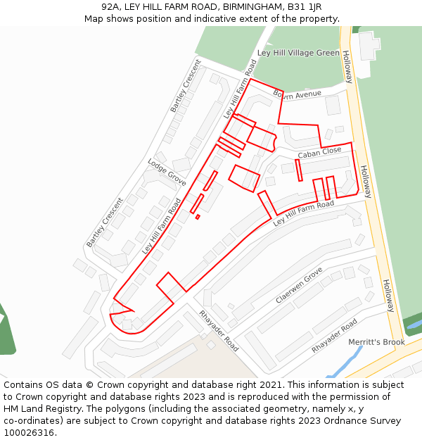 92A, LEY HILL FARM ROAD, BIRMINGHAM, B31 1JR: Location map and indicative extent of plot