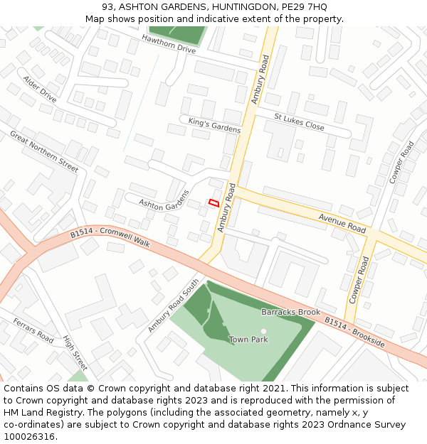 93, ASHTON GARDENS, HUNTINGDON, PE29 7HQ: Location map and indicative extent of plot