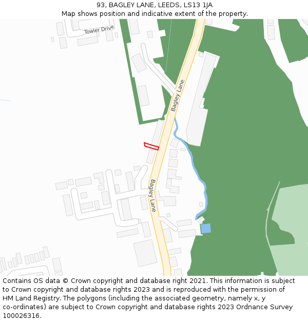 93, BAGLEY LANE, LEEDS, LS13 1JA: Location map and indicative extent of plot