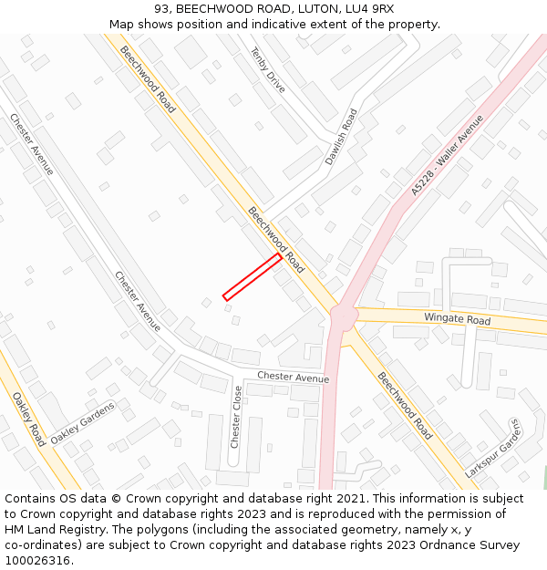 93, BEECHWOOD ROAD, LUTON, LU4 9RX: Location map and indicative extent of plot