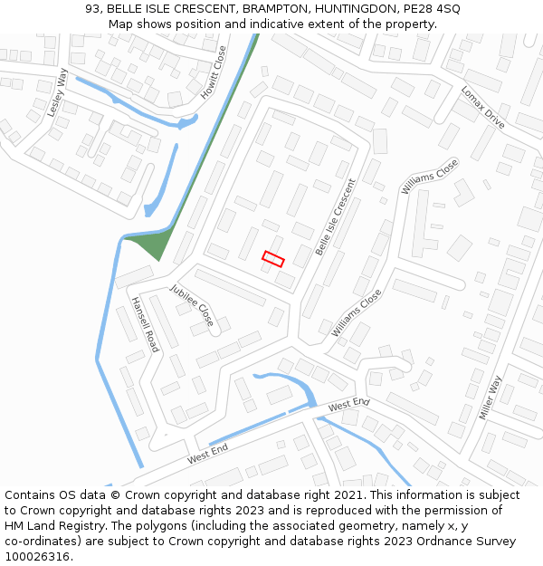 93, BELLE ISLE CRESCENT, BRAMPTON, HUNTINGDON, PE28 4SQ: Location map and indicative extent of plot
