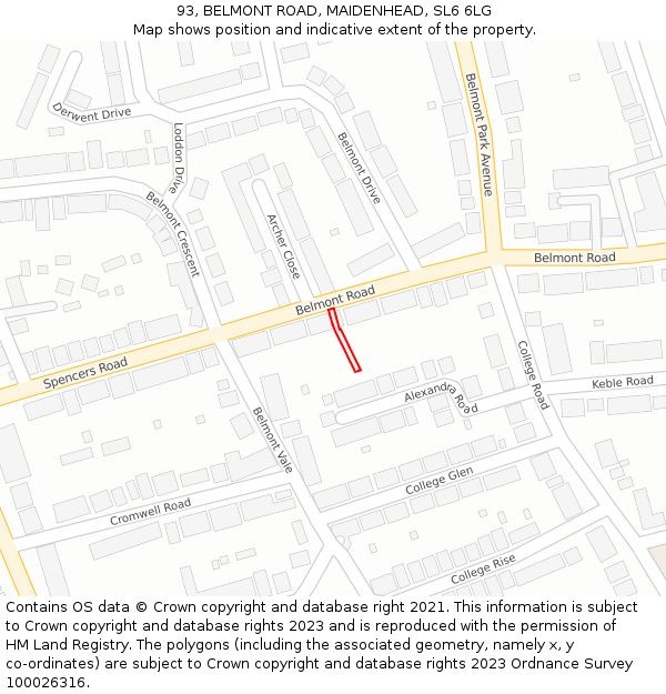 93, BELMONT ROAD, MAIDENHEAD, SL6 6LG: Location map and indicative extent of plot