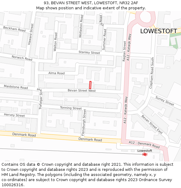 93, BEVAN STREET WEST, LOWESTOFT, NR32 2AF: Location map and indicative extent of plot
