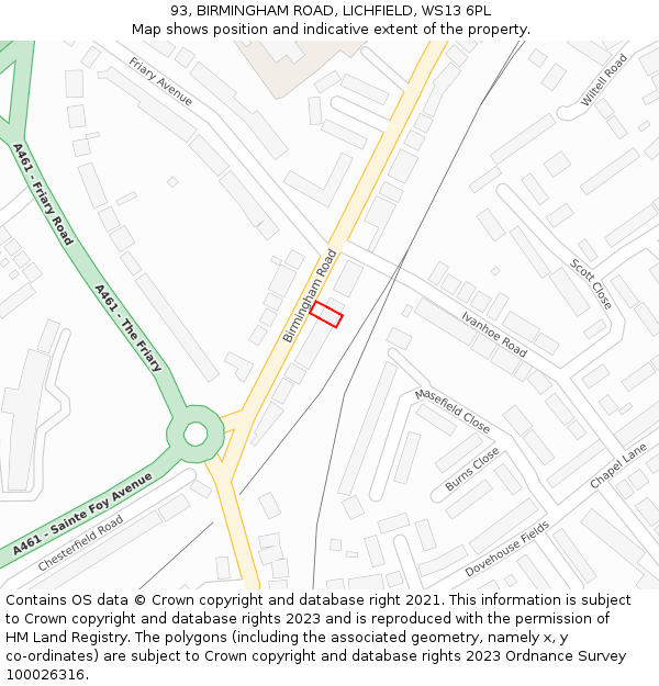 93, BIRMINGHAM ROAD, LICHFIELD, WS13 6PL: Location map and indicative extent of plot