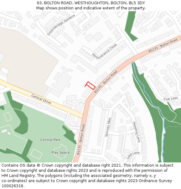 93, BOLTON ROAD, WESTHOUGHTON, BOLTON, BL5 3DY: Location map and indicative extent of plot