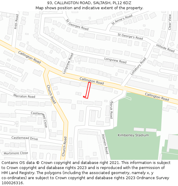 93, CALLINGTON ROAD, SALTASH, PL12 6DZ: Location map and indicative extent of plot