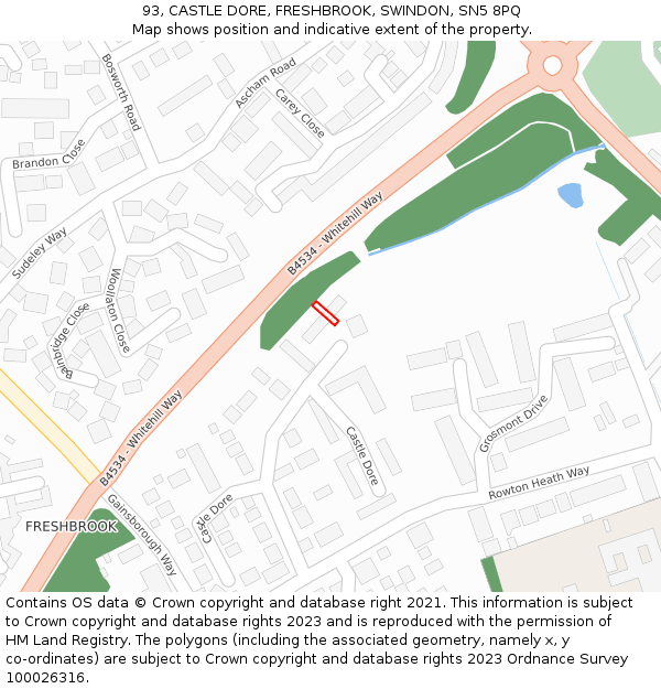 93, CASTLE DORE, FRESHBROOK, SWINDON, SN5 8PQ: Location map and indicative extent of plot