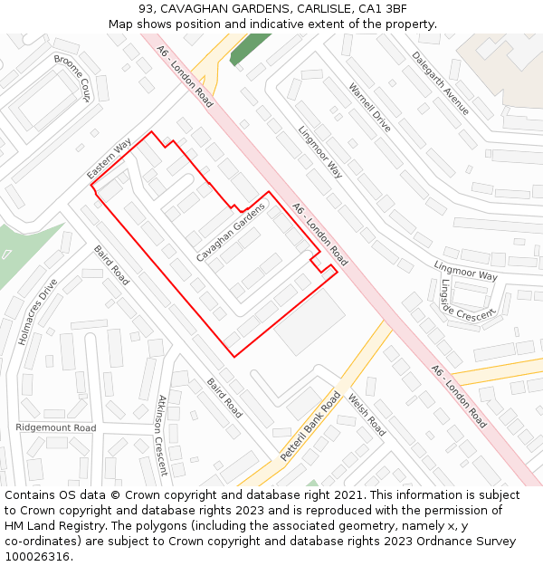 93, CAVAGHAN GARDENS, CARLISLE, CA1 3BF: Location map and indicative extent of plot