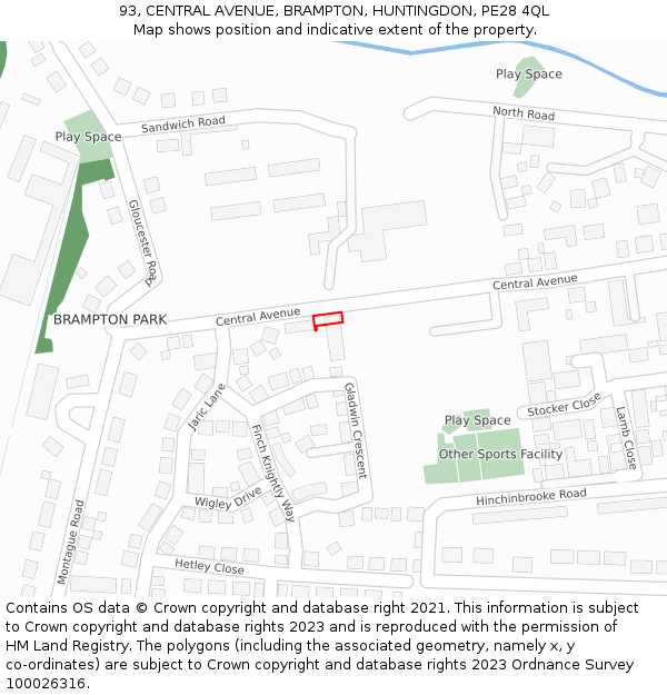 93, CENTRAL AVENUE, BRAMPTON, HUNTINGDON, PE28 4QL: Location map and indicative extent of plot