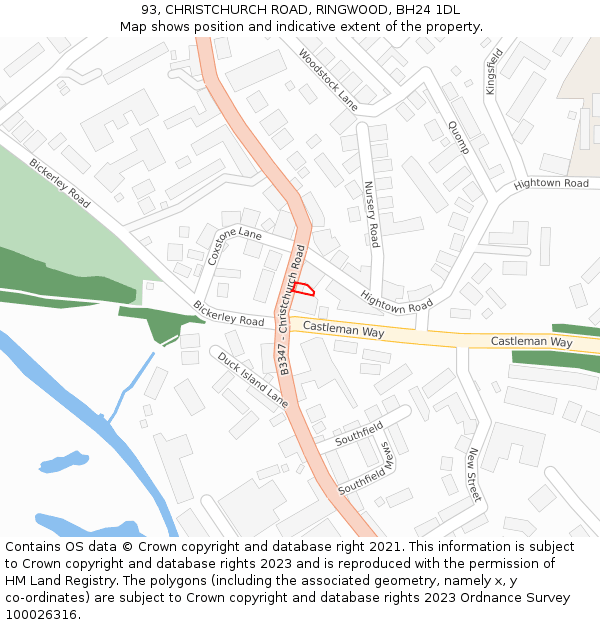 93, CHRISTCHURCH ROAD, RINGWOOD, BH24 1DL: Location map and indicative extent of plot