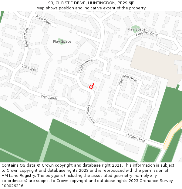93, CHRISTIE DRIVE, HUNTINGDON, PE29 6JP: Location map and indicative extent of plot