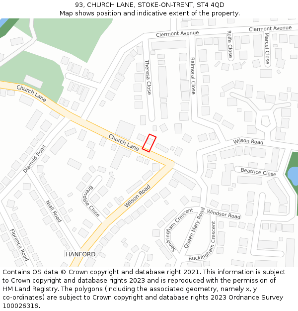 93, CHURCH LANE, STOKE-ON-TRENT, ST4 4QD: Location map and indicative extent of plot