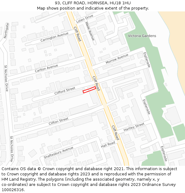 93, CLIFF ROAD, HORNSEA, HU18 1HU: Location map and indicative extent of plot