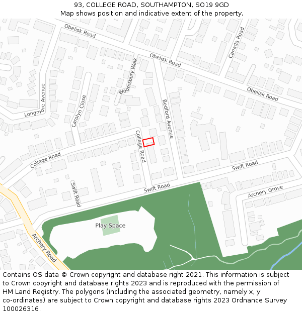 93, COLLEGE ROAD, SOUTHAMPTON, SO19 9GD: Location map and indicative extent of plot