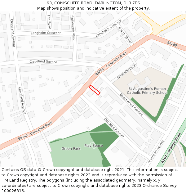 93, CONISCLIFFE ROAD, DARLINGTON, DL3 7ES: Location map and indicative extent of plot