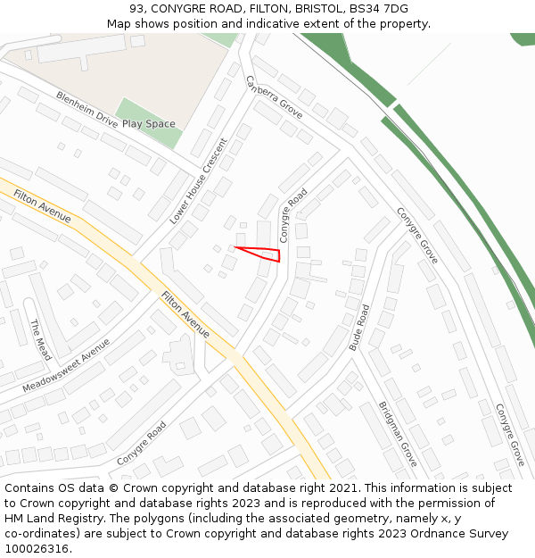 93, CONYGRE ROAD, FILTON, BRISTOL, BS34 7DG: Location map and indicative extent of plot