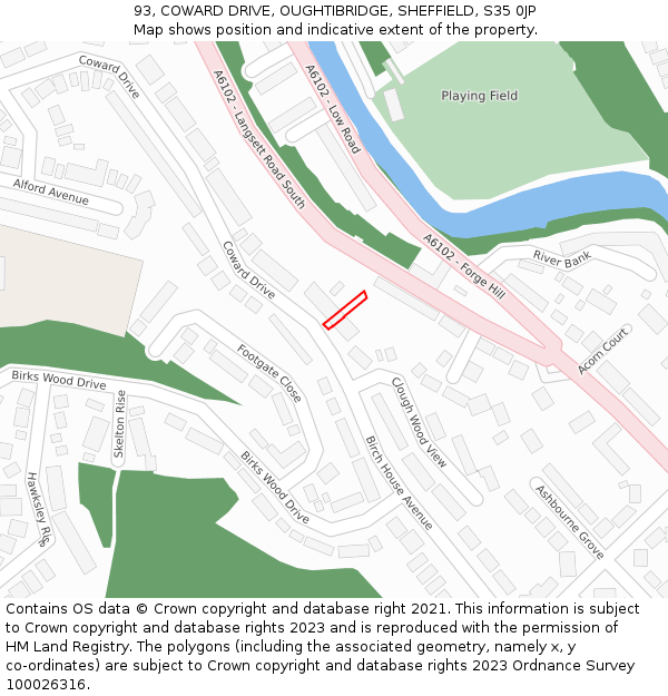 93, COWARD DRIVE, OUGHTIBRIDGE, SHEFFIELD, S35 0JP: Location map and indicative extent of plot