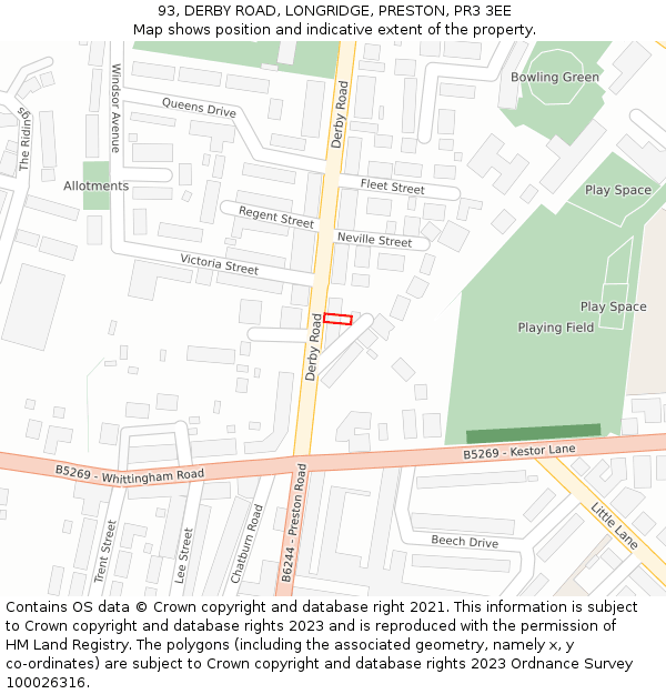 93, DERBY ROAD, LONGRIDGE, PRESTON, PR3 3EE: Location map and indicative extent of plot