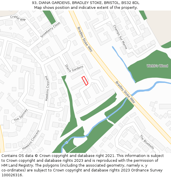 93, DIANA GARDENS, BRADLEY STOKE, BRISTOL, BS32 8DL: Location map and indicative extent of plot