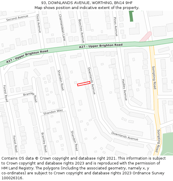 93, DOWNLANDS AVENUE, WORTHING, BN14 9HF: Location map and indicative extent of plot