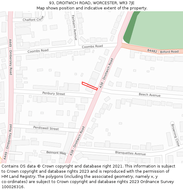 93, DROITWICH ROAD, WORCESTER, WR3 7JE: Location map and indicative extent of plot