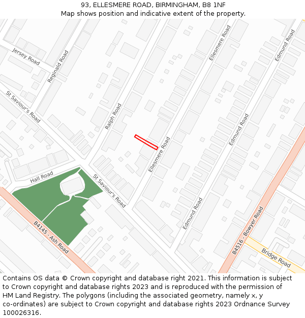 93, ELLESMERE ROAD, BIRMINGHAM, B8 1NF: Location map and indicative extent of plot