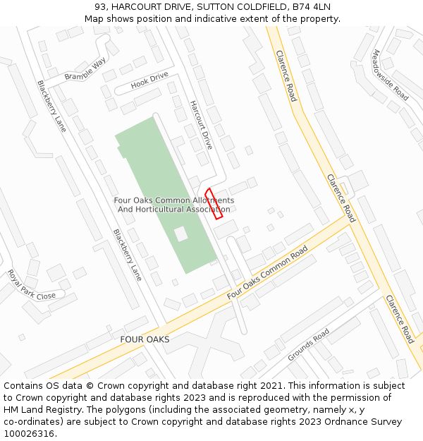 93, HARCOURT DRIVE, SUTTON COLDFIELD, B74 4LN: Location map and indicative extent of plot