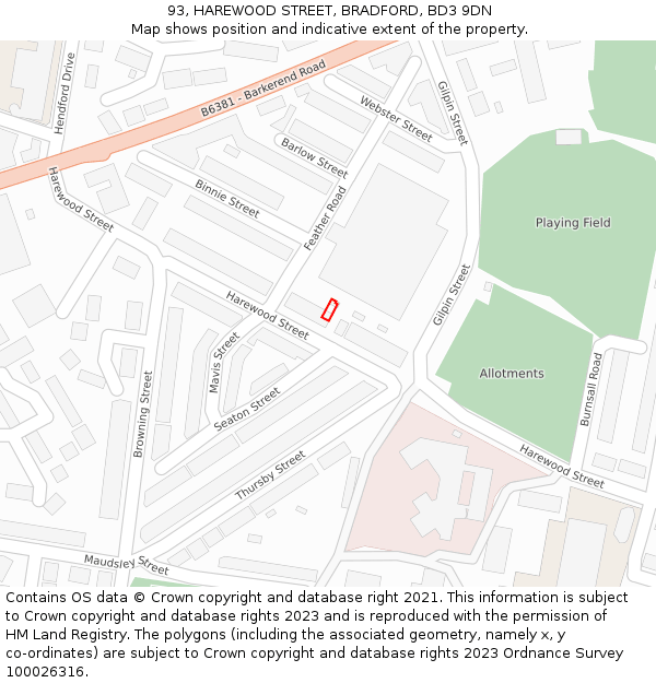 93, HAREWOOD STREET, BRADFORD, BD3 9DN: Location map and indicative extent of plot