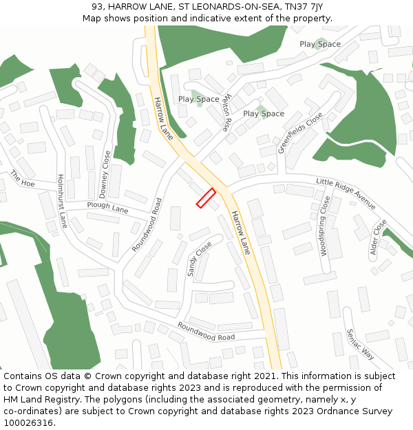 93, HARROW LANE, ST LEONARDS-ON-SEA, TN37 7JY: Location map and indicative extent of plot
